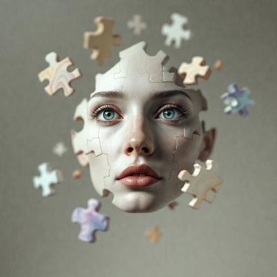 The primary subject of the image is a woman's face, which is the main focus of the image. The setting is a gray background, and the visual style is a digital art or illustration. The colors in the image are predominantly shades of gray, and the overall atmosphere is somewhat mysterious or intriguing.